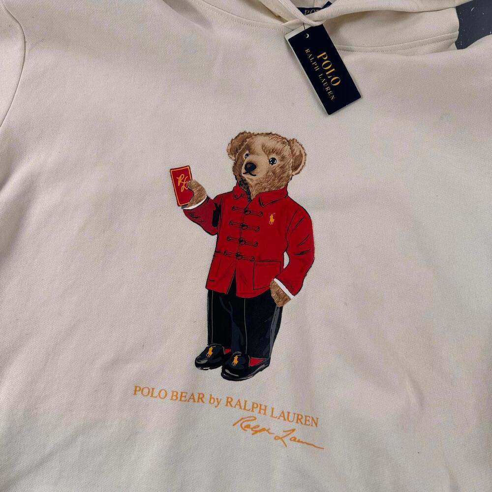 Polo Ralph Lauren Hoodie Mens 3XB Cream Ivory Teddy Bear Hand warmer Pockets NWT - Picture 2 of 7